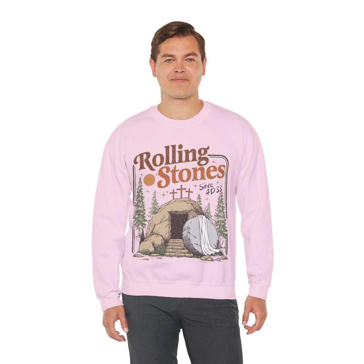 Rolling Stones "Since AD33" Easter Empty Tomb Christian – Gildan Heavy Blend | Trendy Men's and Women’s Soft Sweatshirt. Direct to Garment. Printed & Shipped in the USA. Unisex Sizes.