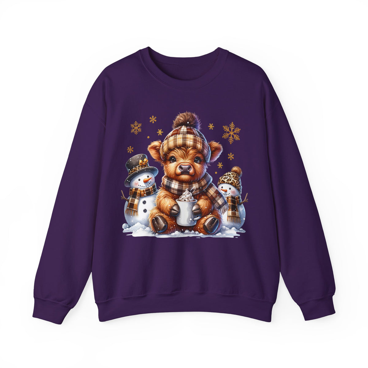 Cute Highland Cow with Snowmen, Winter – Gildan Heavy Blend | Trendy Women’s Soft Sweatshirt. Direct to Garment. Printed & Shipped in the USA. Unisex Sizes.