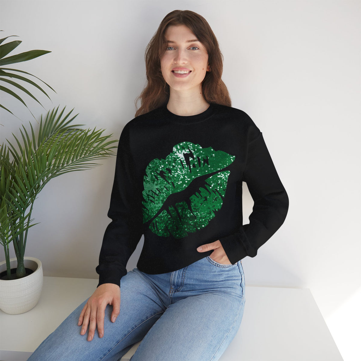 Green Faux Glitter Kiss – Gildan Heavy Blend | Trendy Women’s Soft Sweatshirt. Direct to Garment. Printed & Shipped in the USA. Unisex Sizes.