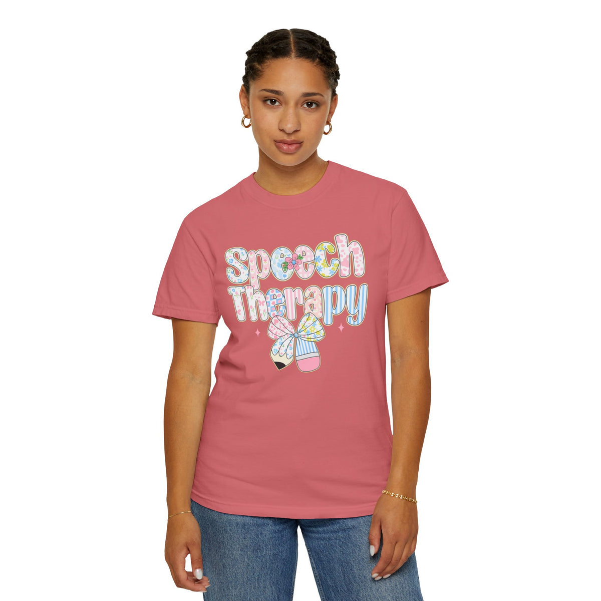Speech Therapy - Pink Blue Coquette - Comfort Colors | Trendy Women's T-Shirt. Direct to Garment. Printed & Shipped in the USA. Unisex Sizes.