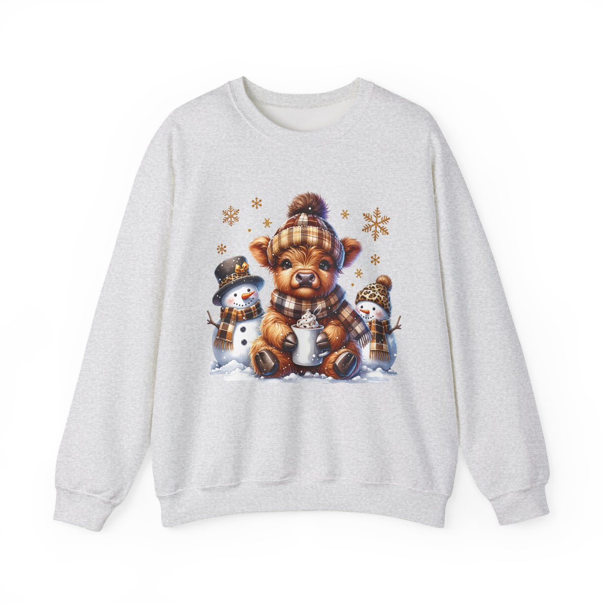 Cute Highland Cow with Snowmen, Winter – Gildan Heavy Blend | Trendy Women’s Soft Sweatshirt. Direct to Garment. Printed & Shipped in the USA. Unisex Sizes.