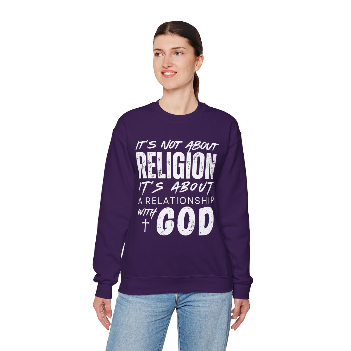 It's Not About Religion, It's About a Relationship with God – Gildan Heavy Blend | Trendy Men's and Women’s Soft Sweatshirt. Direct to Garment. Printed & Shipped in the USA. Unisex Sizes.