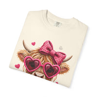 Highland Cow - Pink Heart Shaped Glasses - Comfort Colors | Trendy Women's T-Shirt. Direct to Garment. Printed & Shipped in the USA. Unisex Sizes.