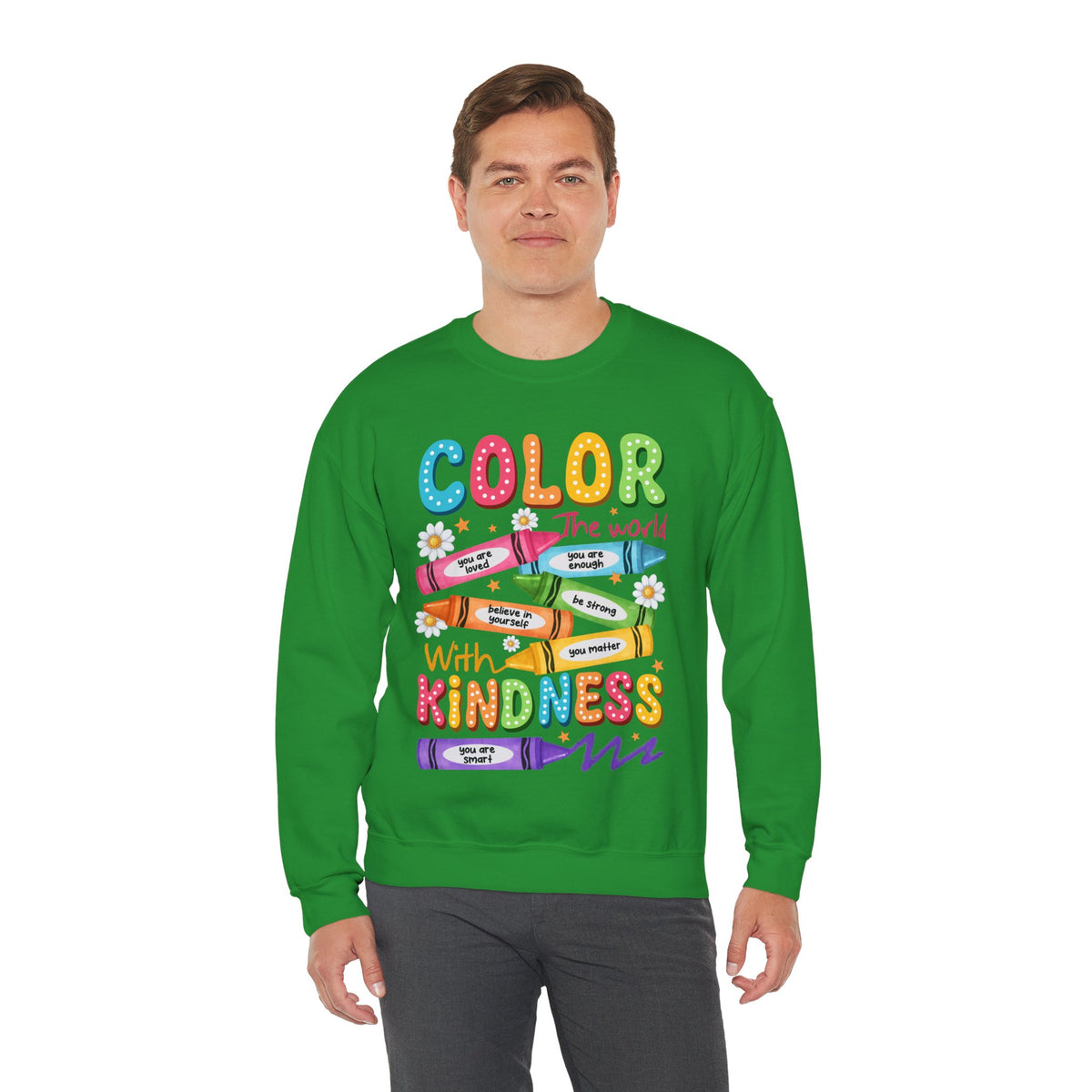 Color the World With Kindness Crayons, Great Teacher Gift – Gildan Heavy Blend | Trendy Women’s and Men's Soft Sweatshirt. Direct to Garment. Printed & Shipped in the USA. Unisex Sizes.