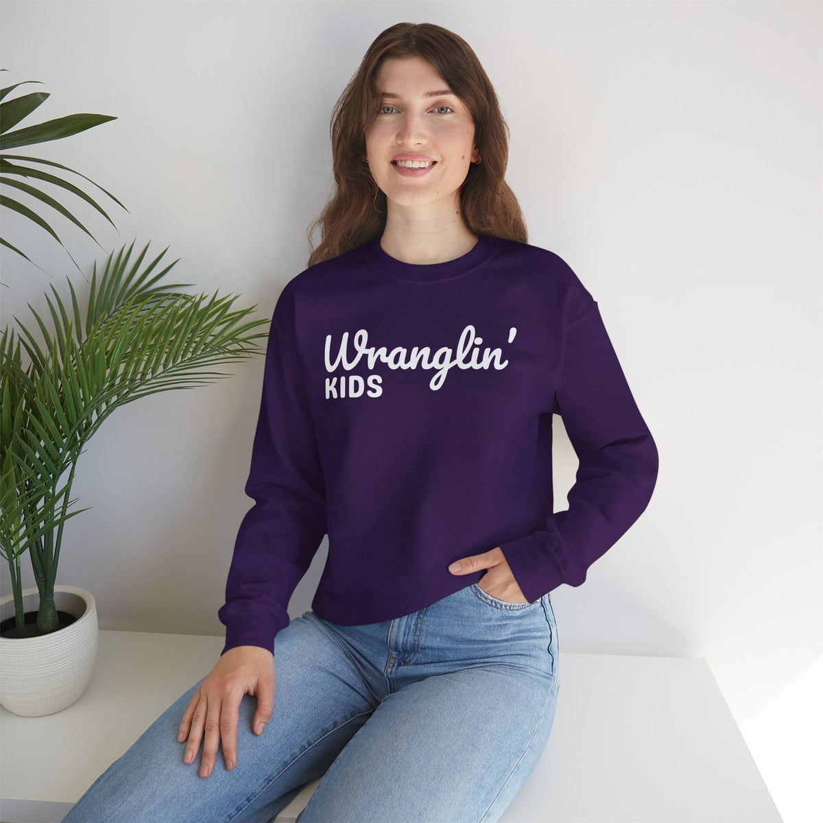 Wranglin' Kids Funny Mom Dad – Gildan Heavy Blend | Trendy Women’s and Men's Soft Sweatshirt. Direct to Garment. Printed & Shipped in the USA. Unisex Sizes.