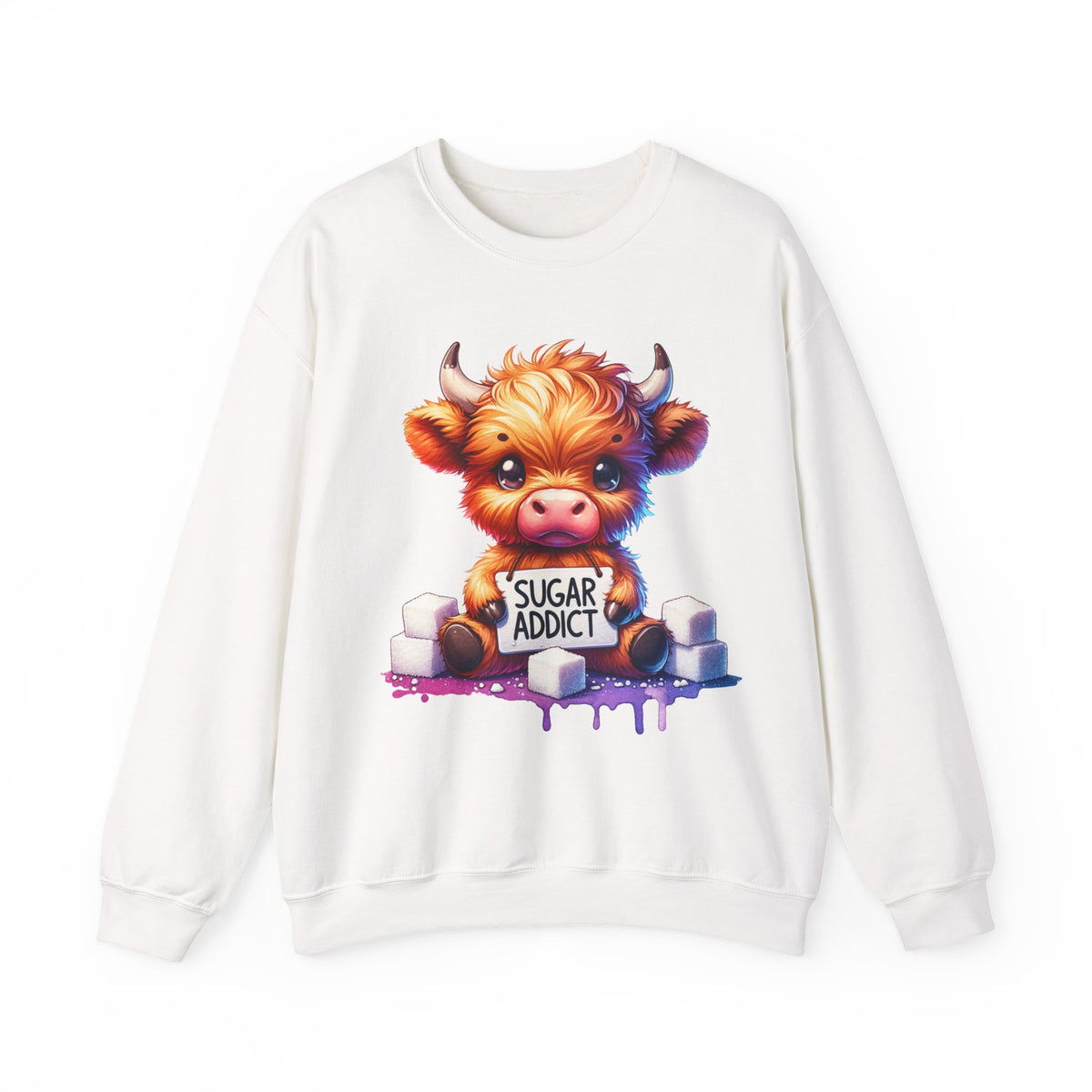 Sugar Addict Highland Cow – Gildan Heavy Blend | Trendy Women’s Soft Sweatshirt. Direct to Garment. Printed & Shipped in the USA. Unisex Sizes.