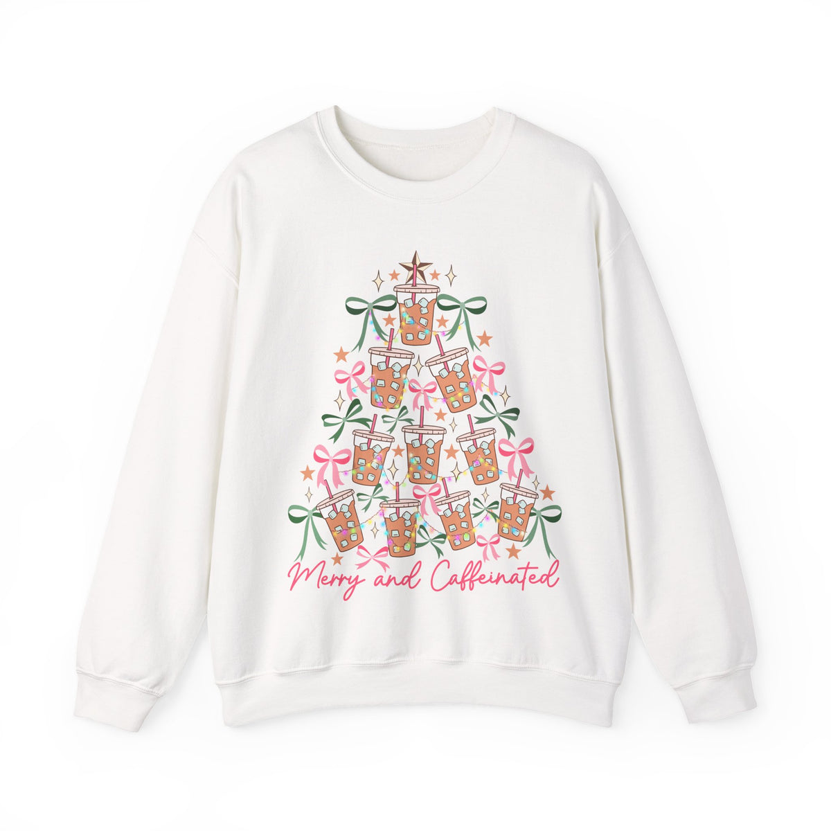 Merry and Caffeinated Iced Coffee Christmas Tree – Gildan Heavy Blend | Trendy Women’s Soft Sweatshirt. Direct to Garment. Printed & Shipped in the USA. Unisex Sizes.