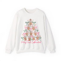 Merry and Caffeinated Iced Coffee Christmas Tree – Gildan Heavy Blend | Trendy Women’s Soft Sweatshirt. Direct to Garment. Printed & Shipped in the USA. Unisex Sizes.
