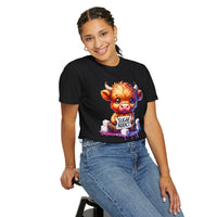 Sugar Addict Highland Cow - Comfort Colors | Trendy Women's T-Shirt. Direct to Garment. Printed & Shipped in the USA. Unisex Sizes.