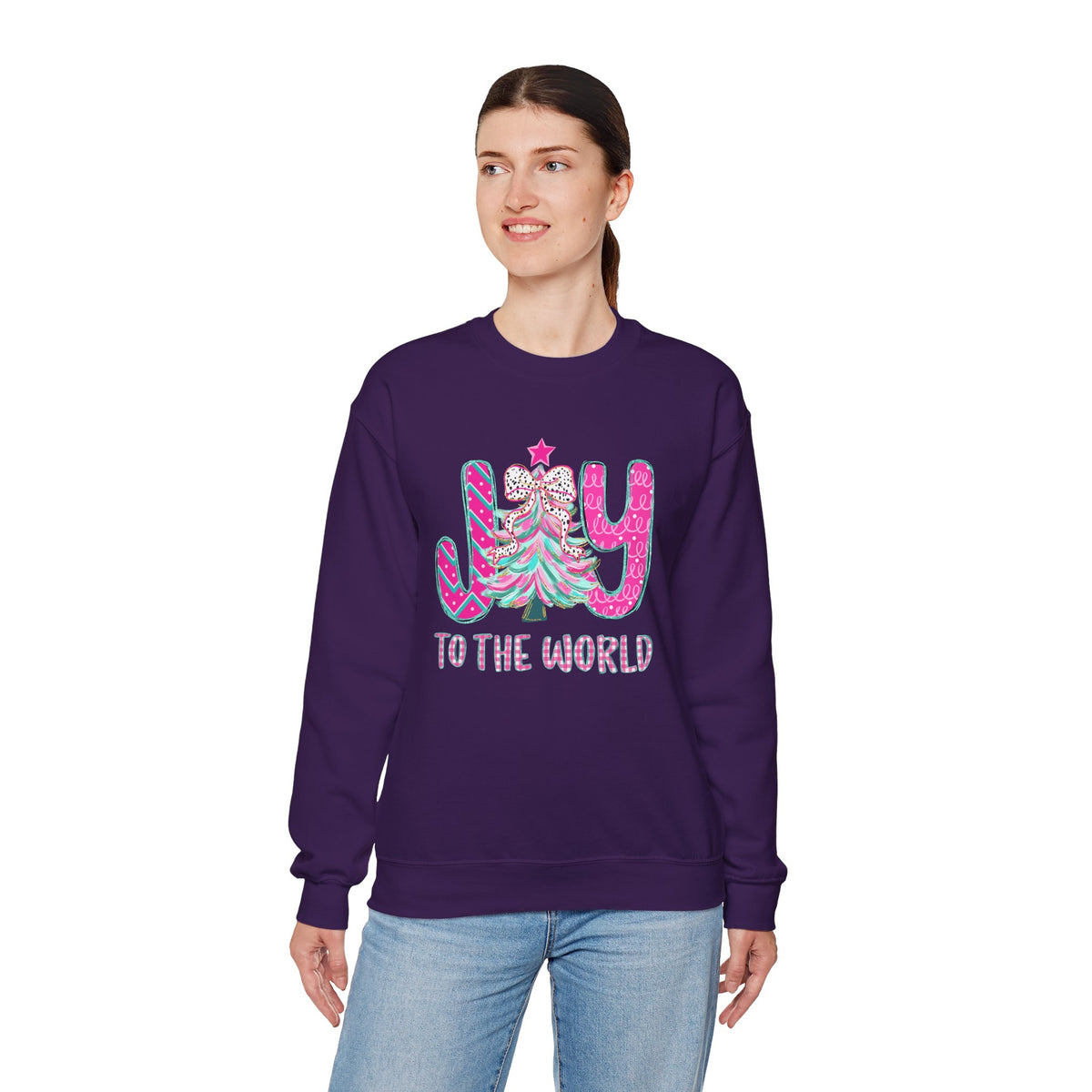 Joy to the World w/Christmas Tree Pink and Teal – Gildan Heavy Blend | Trendy Women’s Soft Sweatshirt. Direct to Garment. Printed & Shipped in the USA. Unisex Sizes.