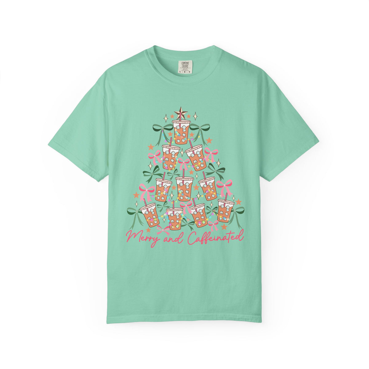 Merry and Caffeinated Iced Coffee Christmas Tree - Comfort Colors | Trendy Women's T-Shirt. Direct to Garment. Printed & Shipped in the USA. Unisex Sizes.