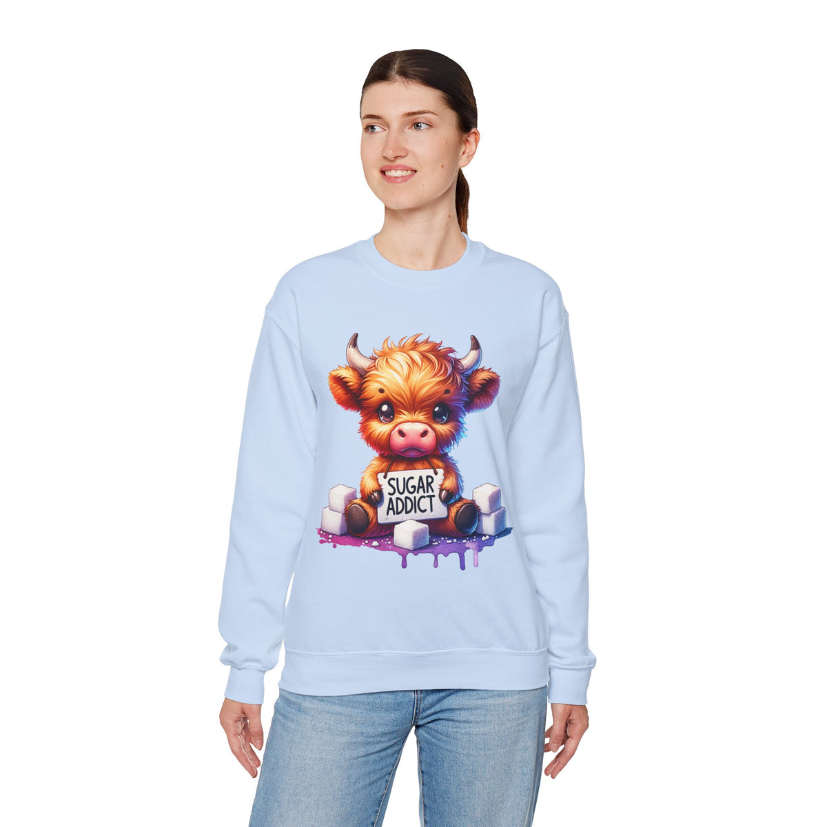 Sugar Addict Highland Cow – Gildan Heavy Blend | Trendy Women’s Soft Sweatshirt. Direct to Garment. Printed & Shipped in the USA. Unisex Sizes.