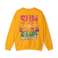 Sun Salt Sand, Beach Sunset - Front & Back Print – Gildan Heavy Blend | Trendy Women’s and Men's Soft Sweatshirt. Direct to Garment. Printed & Shipped in the USA. Unisex Sizes.