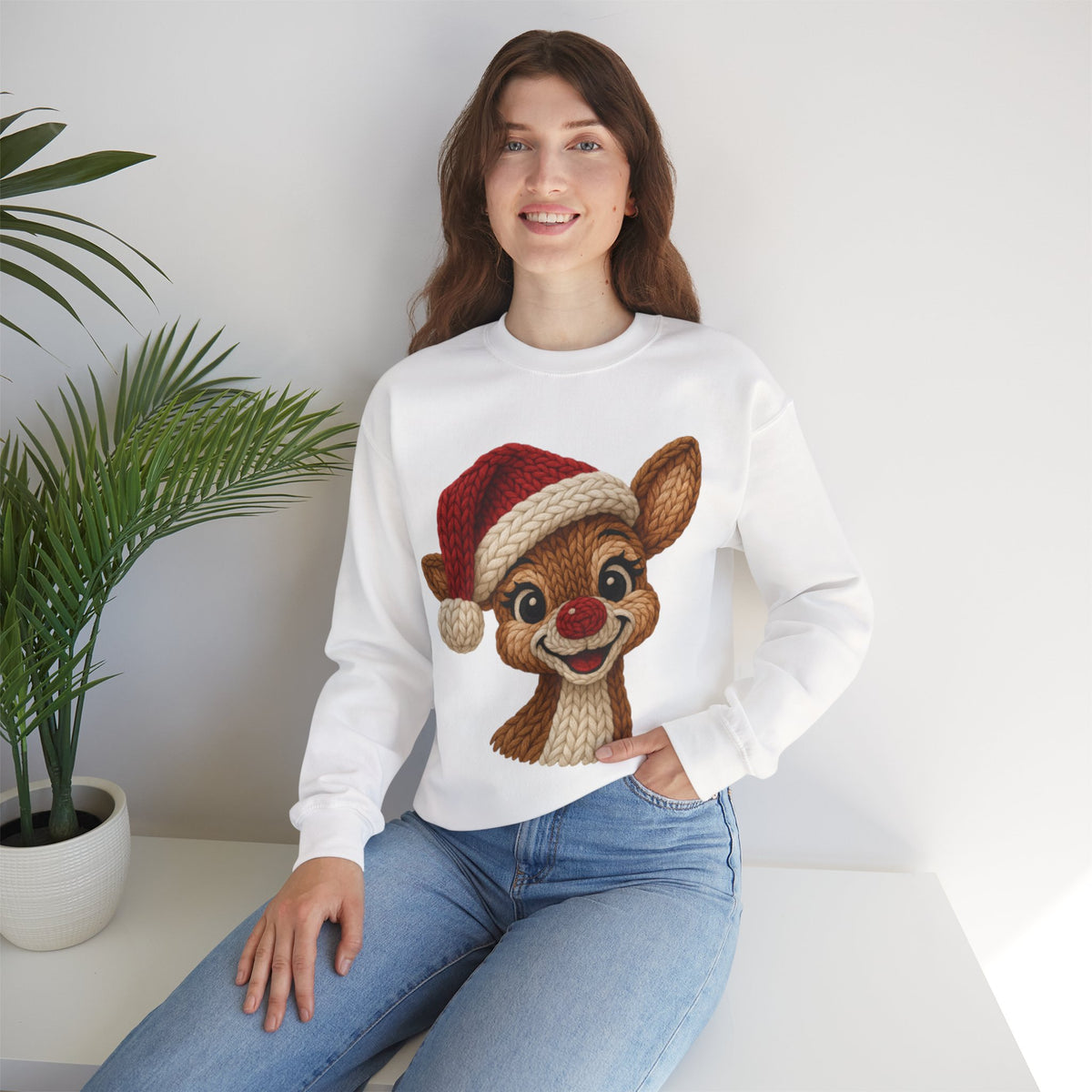 Cute Rudolph Faux Knit Look Reindeer w/Santa Hat – Gildan Heavy Blend | Trendy Women’s Soft Sweatshirt. Direct to Garment. Printed & Shipped in the USA. Unisex Sizes.