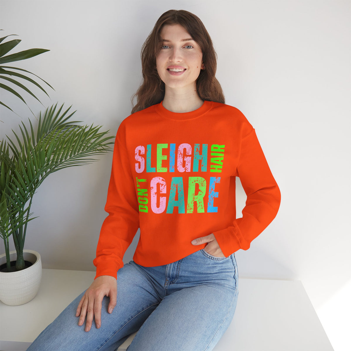 Sleigh Hair Don’t Care, Funny Christmas Graphic Tee – Gildan Heavy Blend | Trendy Women’s Soft Sweatshirt. Direct to Garment. Printed & Shipped in the USA. Unisex Sizes.