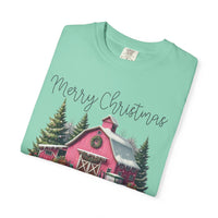 Merry Christmas Pink Barn Farm Animals - Comfort Colors | Trendy Women's T-Shirt. Direct to Garment. Printed & Shipped in the USA. Unisex Sizes.