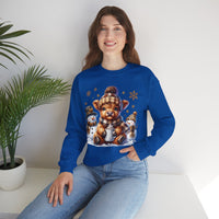 Cute Highland Cow with Snowmen, Winter – Gildan Heavy Blend | Trendy Women’s Soft Sweatshirt. Direct to Garment. Printed & Shipped in the USA. Unisex Sizes.