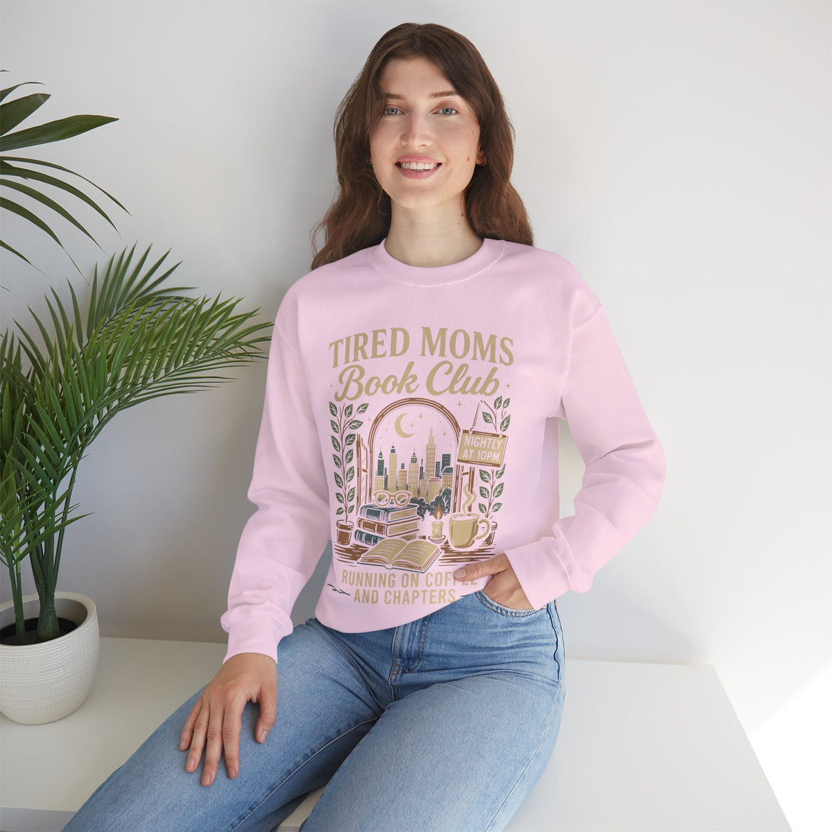 Tired Moms Book Club Running on Coffee and Chapters – Gildan Heavy Blend | Trendy Women’s Soft Sweatshirt. Direct to Garment. Printed & Shipped in the USA. Unisex Sizes.