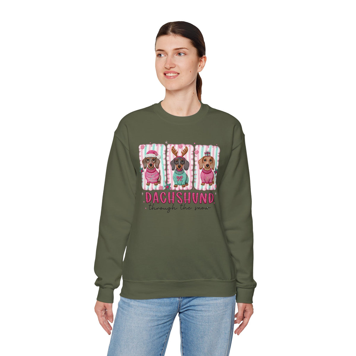 Dachshund Through the Snow – Gildan Heavy Blend | Trendy Women’s Soft Sweatshirt. Direct to Garment. Printed & Shipped in the USA. Unisex Sizes.