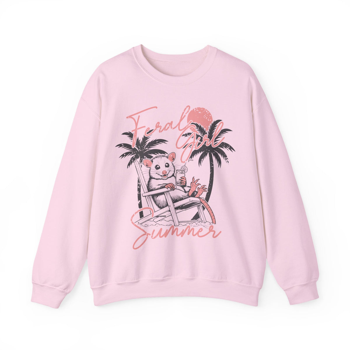 Feral Girl Summer, Possum on a Beach – Gildan Heavy Blend | Trendy Women’s Soft Sweatshirt. Direct to Garment. Printed & Shipped in the USA. Unisex Sizes.