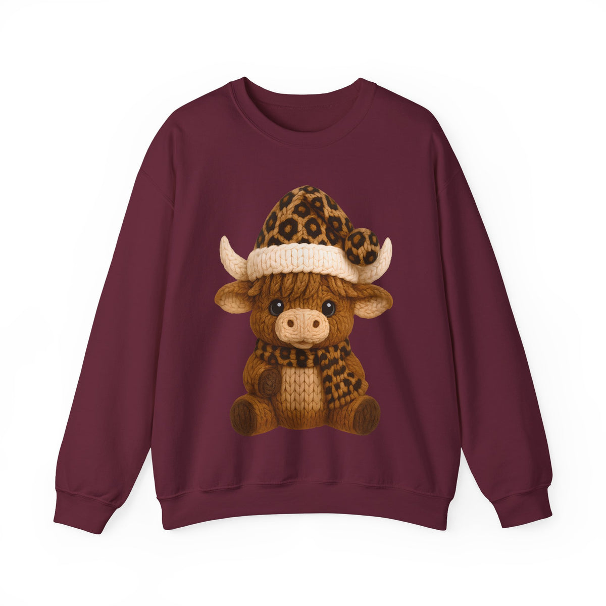 Cute Highland Cow with Leopard Santa Hat Christmas – Gildan Heavy Blend | Trendy Women’s Soft Sweatshirt. Direct to Garment. Printed & Shipped in the USA. Unisex Sizes.