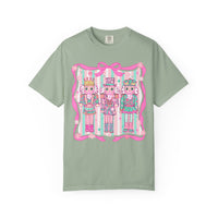Coquette Pastel Christmas Nutcracker Trio Pink and Green - Comfort Colors | Trendy Women's T-Shirt. Direct to Garment. Printed & Shipped in the USA. Unisex Sizes.