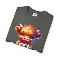 Sugar Addict Highland Cow - Comfort Colors | Trendy Women's T-Shirt. Direct to Garment. Printed & Shipped in the USA. Unisex Sizes.