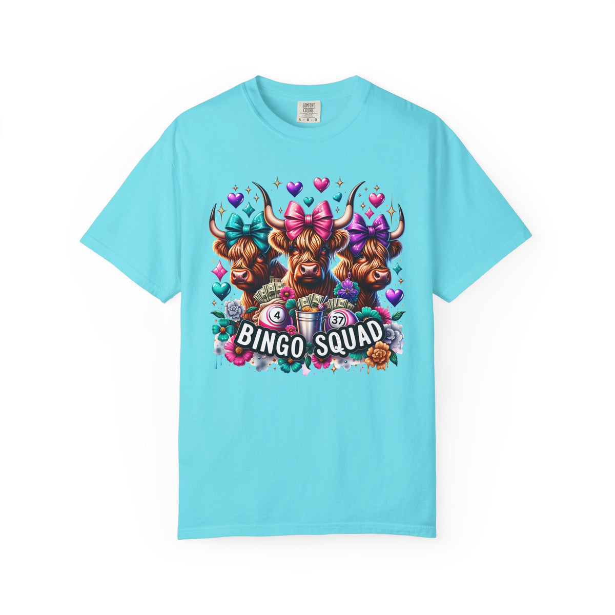 Cute Highland Cows Bingo Squad - Comfort Colors | Trendy Women's T-Shirt. Direct to Garment. Printed & Shipped in the USA. Unisex Sizes.