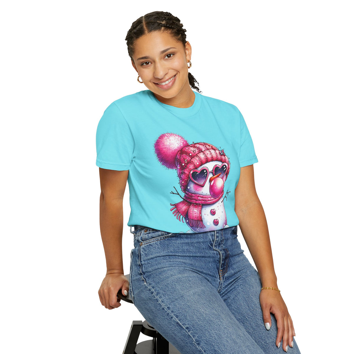 Pink Girly Snowman with Heart Sunglasses and Bubblegum Winter - Comfort Colors | Trendy Women's T-Shirt. Direct to Garment. Printed & Shipped in the USA. Unisex Sizes.