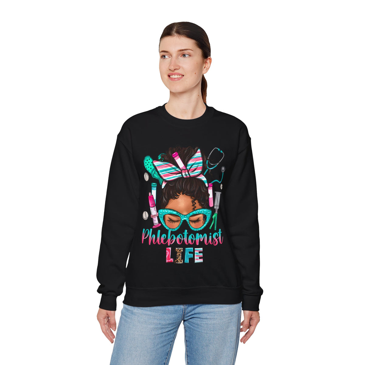 Phlebotomist Life, Messy Bun – Gildan Heavy Blend | Trendy Women’s Soft Sweatshirt. Direct to Garment. Printed & Shipped in the USA. Unisex Sizes.
