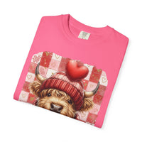 Highland Cow Be Mine, Red Checkered - Comfort Colors | Trendy Women's T-Shirt. Direct to Garment. Printed & Shipped in the USA. Unisex Sizes.