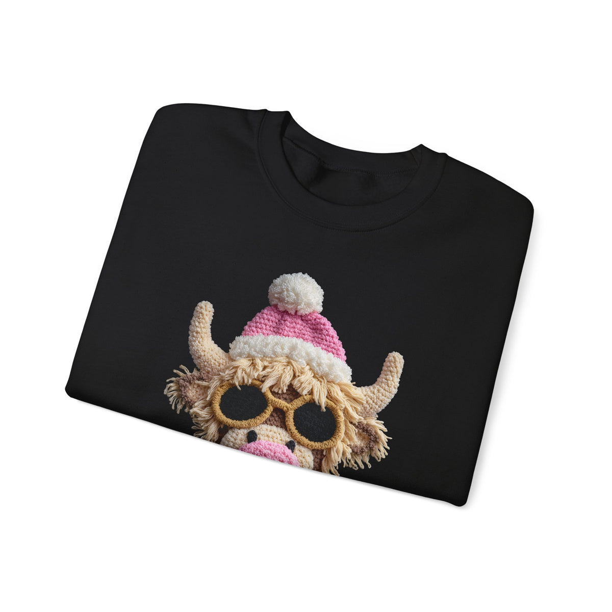 Faux Crochet Highland Cow Bubblegum – Gildan Heavy Blend | Trendy Women’s Soft Sweatshirt. Direct to Garment. Printed & Shipped in the USA. Unisex Sizes.