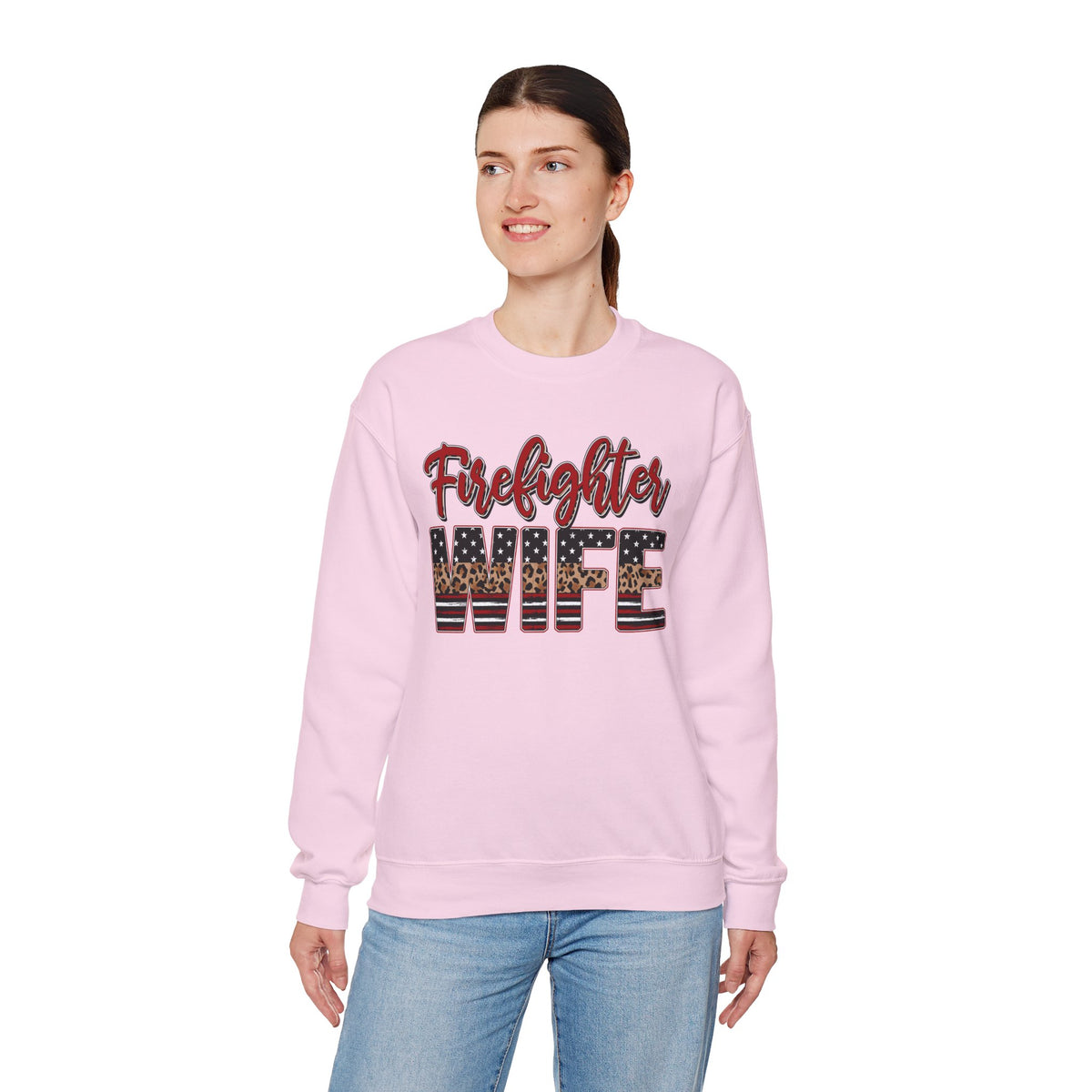 Firefighter Wife Patriotic Flag Lettering for Firefighter Spouse – Gildan Heavy Blend | Trendy Women’s Soft Sweatshirt. Direct to Garment. Printed & Shipped in the USA. Unisex Sizes.