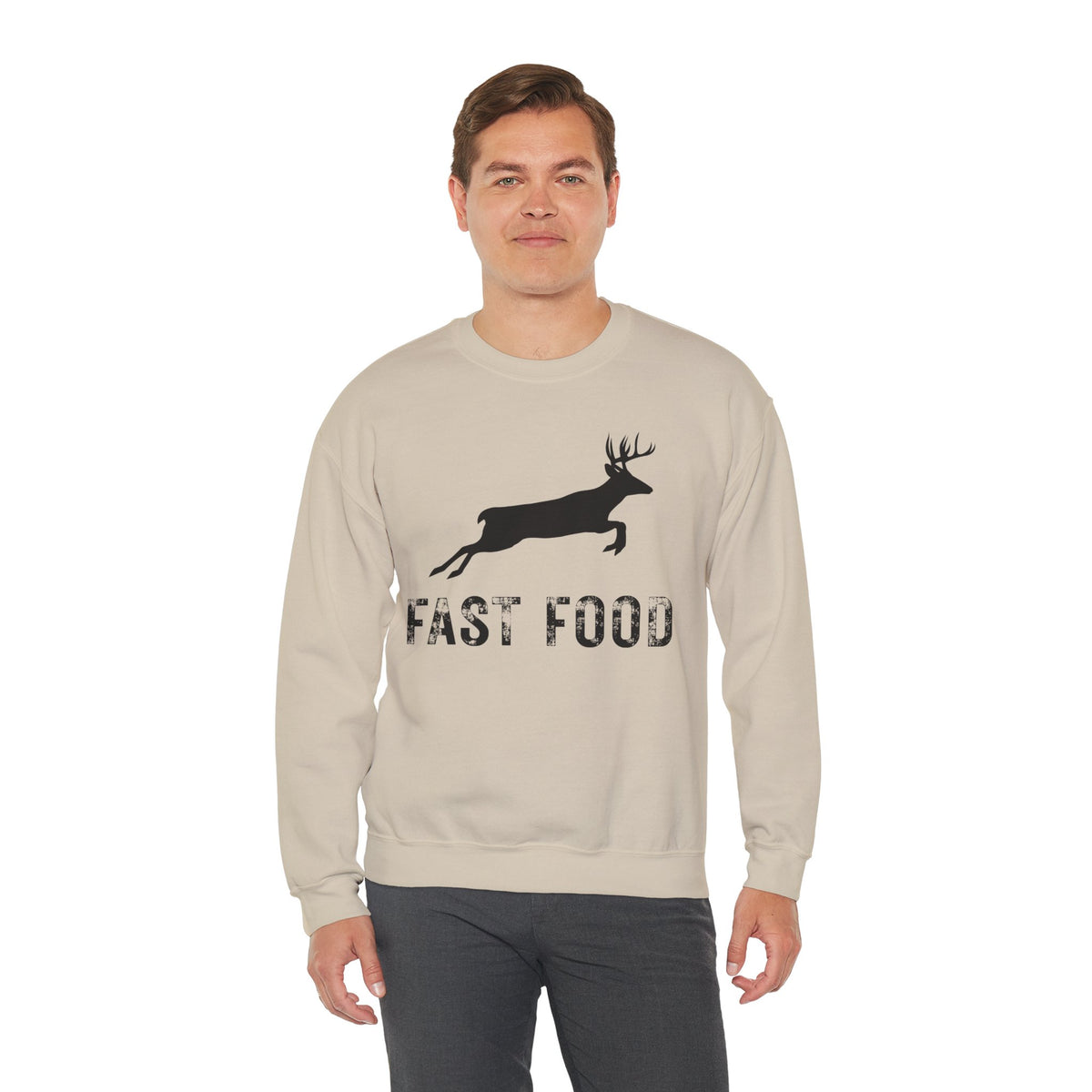 Fast Food Deer Hunting Humor Distressed – Gildan Heavy Blend | Trendy Men's and Women’s Soft Sweatshirt. Direct to Garment. Printed & Shipped in the USA. Unisex Sizes.