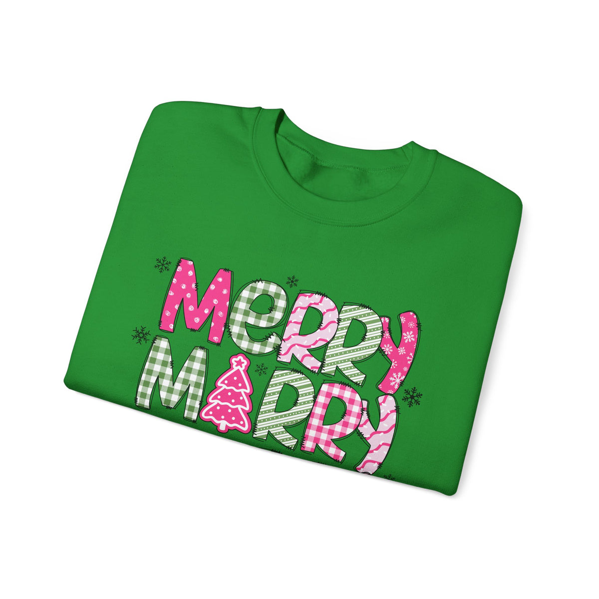 Merry Merry Merry Christmas Festive Candy Cane - Pink and Green – Gildan Heavy Blend | Trendy Women’s Soft Sweatshirt. Direct to Garment. Printed & Shipped in the USA. Unisex Sizes.