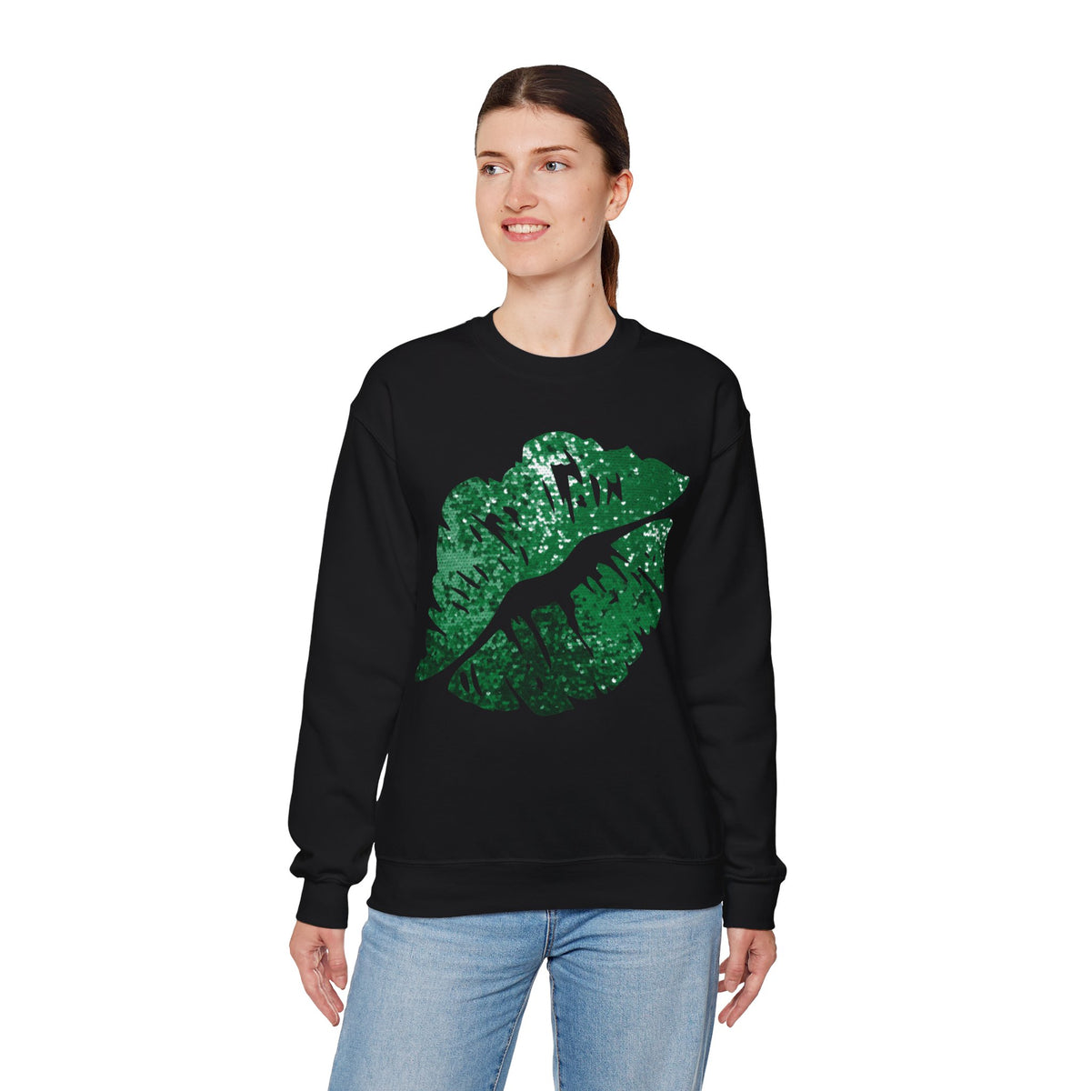 Green Faux Glitter Kiss – Gildan Heavy Blend | Trendy Women’s Soft Sweatshirt. Direct to Garment. Printed & Shipped in the USA. Unisex Sizes.