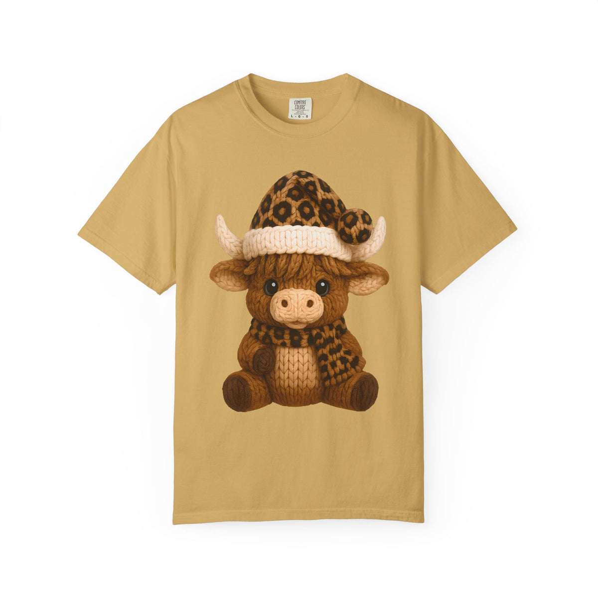 Cute Highland Cow with Leopard Santa Hat Christmas - Comfort Colors | Trendy Women's T-Shirt. Direct to Garment. Printed & Shipped in the USA. Unisex Sizes.