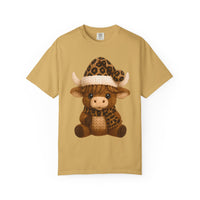 Cute Highland Cow with Leopard Santa Hat Christmas - Comfort Colors | Trendy Women's T-Shirt. Direct to Garment. Printed & Shipped in the USA. Unisex Sizes.