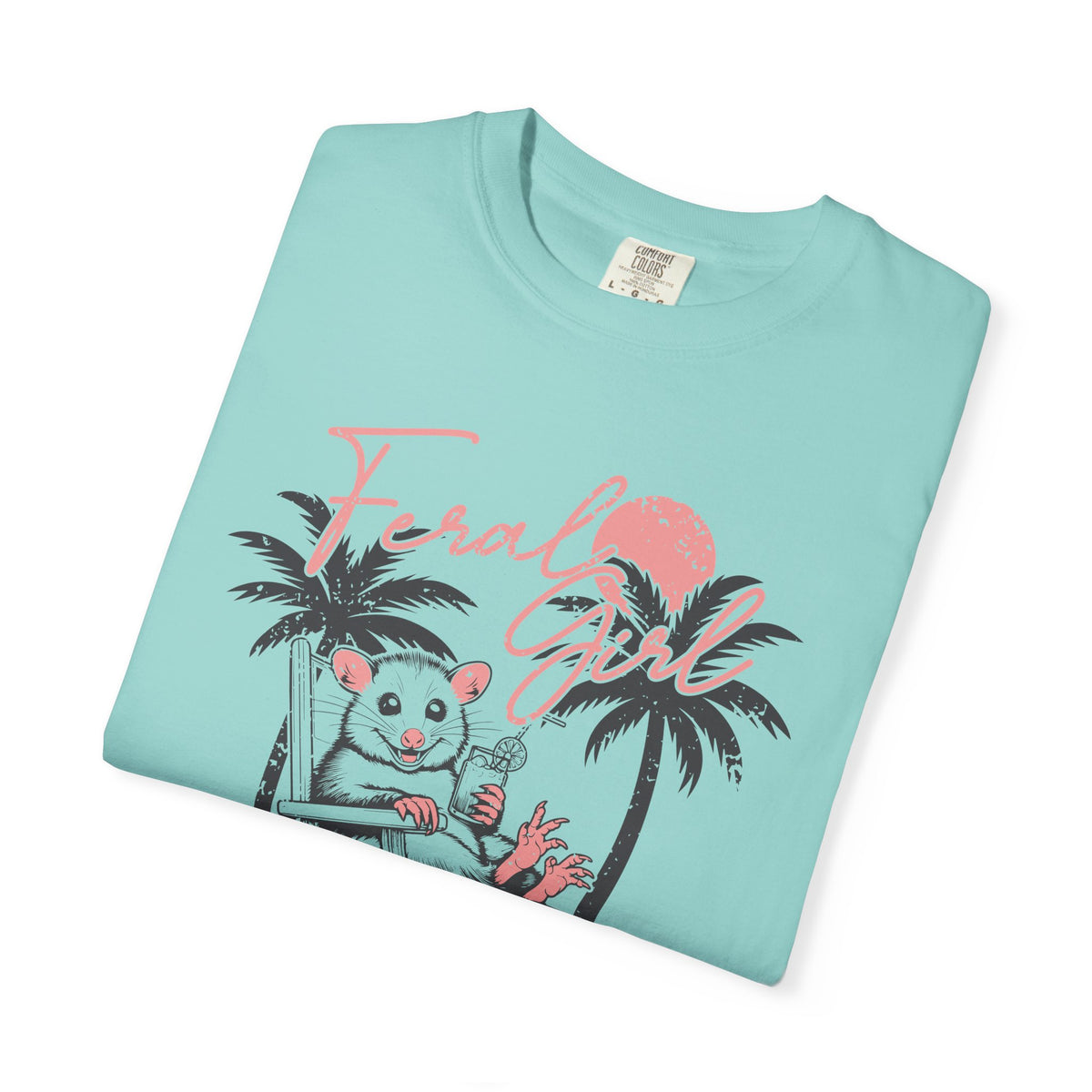 Feral Girl Summer, Possum on a Beach - Comfort Colors | Trendy Women's T-Shirt. Direct to Garment. Printed & Shipped in the USA. Unisex Sizes.