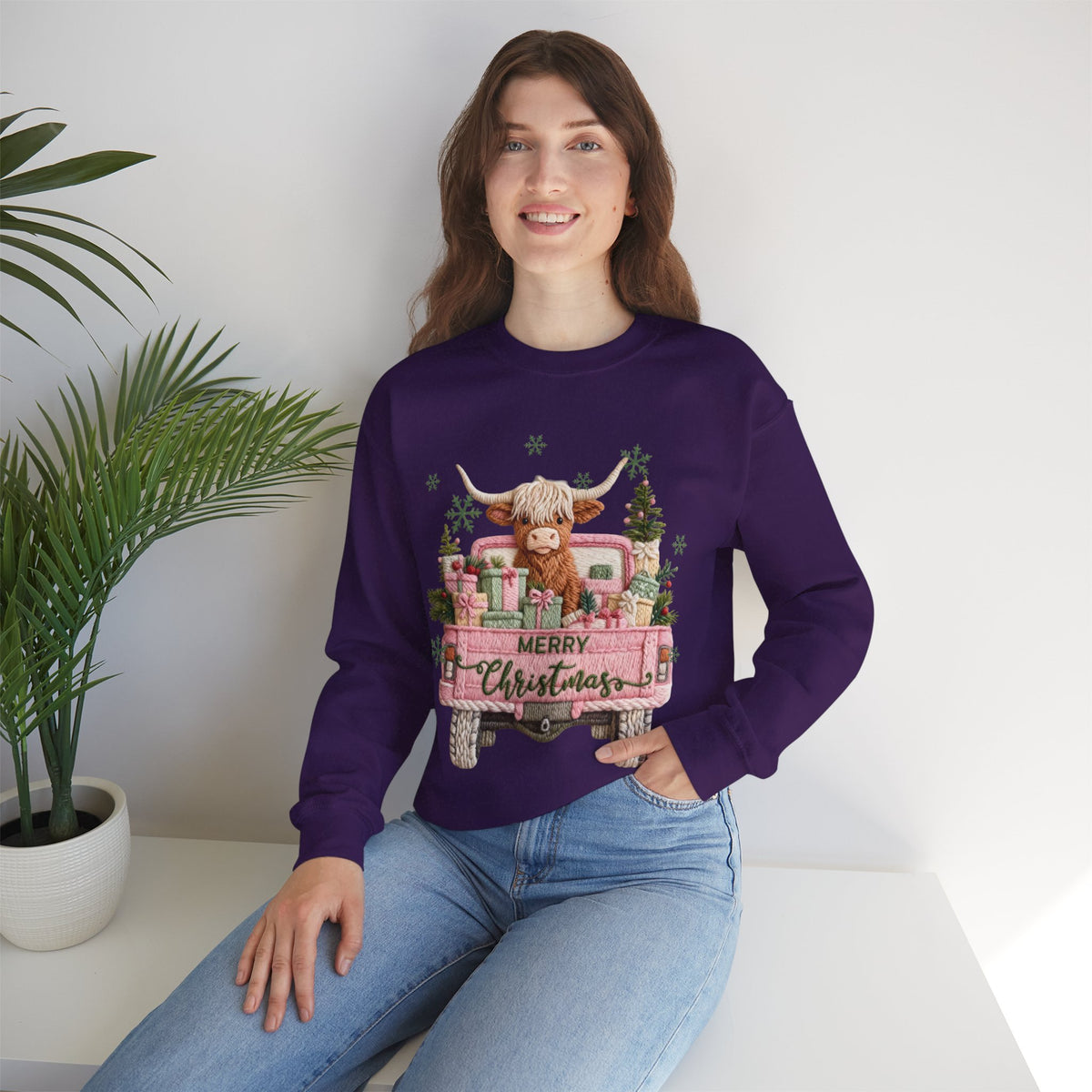 Highland Cow in Pink Truck Merry Christmas Holiday Farmhouse – Gildan Heavy Blend | Trendy Women’s Soft Sweatshirt. Direct to Garment. Printed & Shipped in the USA. Unisex Sizes.