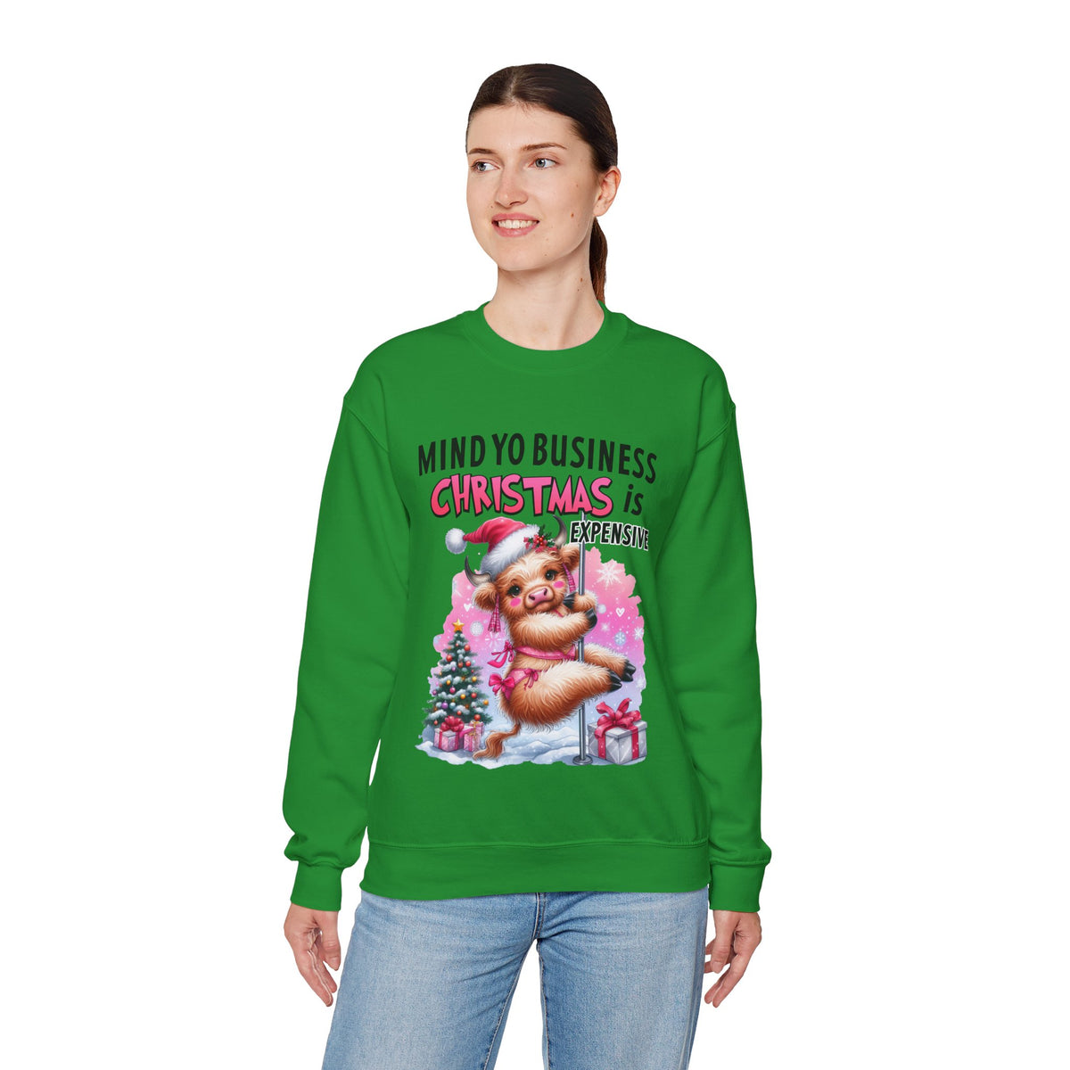 Highland Cow Mind Yo Business Christmas is Expensive – Gildan Heavy Blend | Trendy Women’s Soft Sweatshirt. Direct to Garment. Printed & Shipped in the USA. Unisex Sizes.