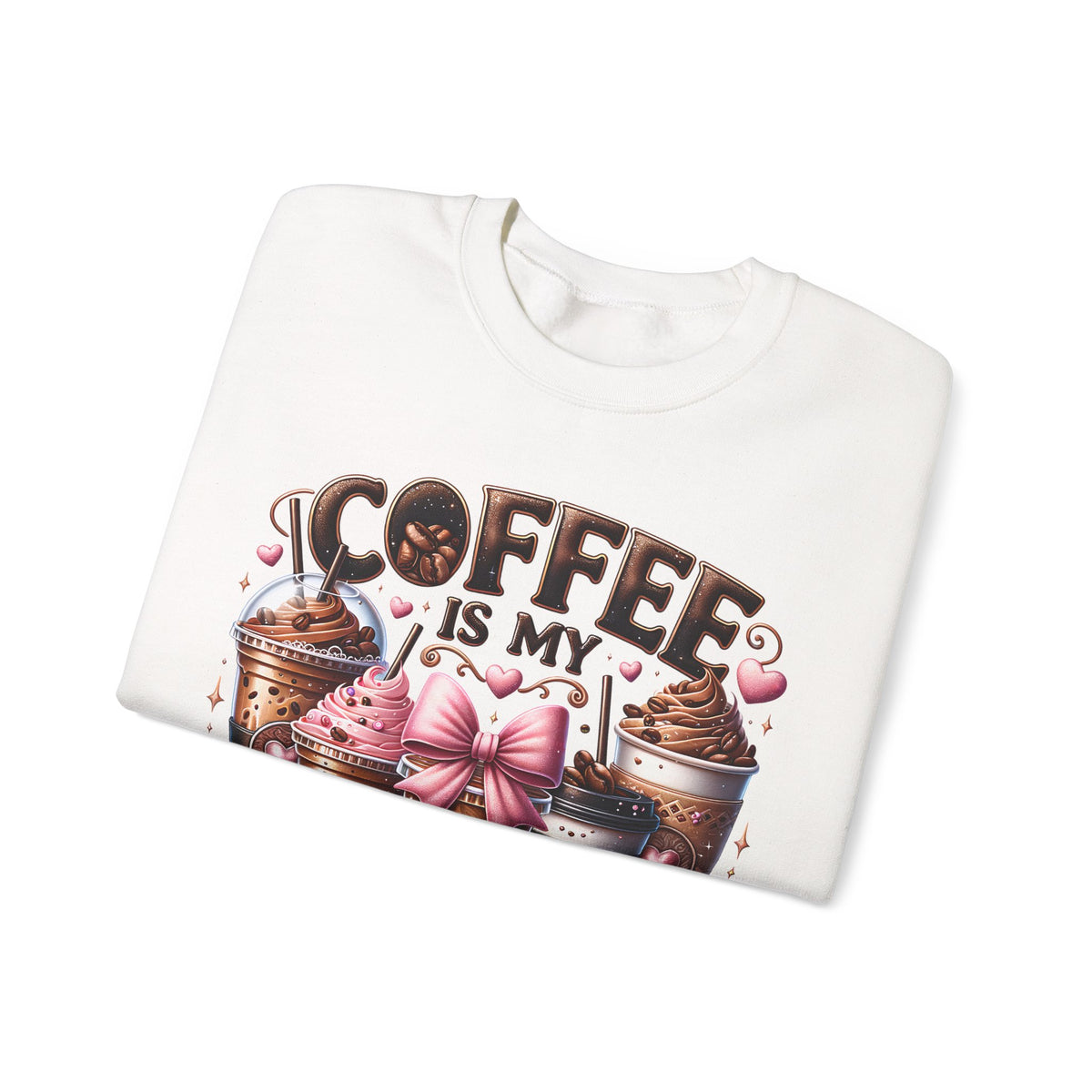 Coffee Is My Soul Food, Iced Coffee, Pink Bow – Gildan Heavy Blend | Trendy Women’s Soft Sweatshirt. Direct to Garment. Printed & Shipped in the USA. Unisex Sizes.
