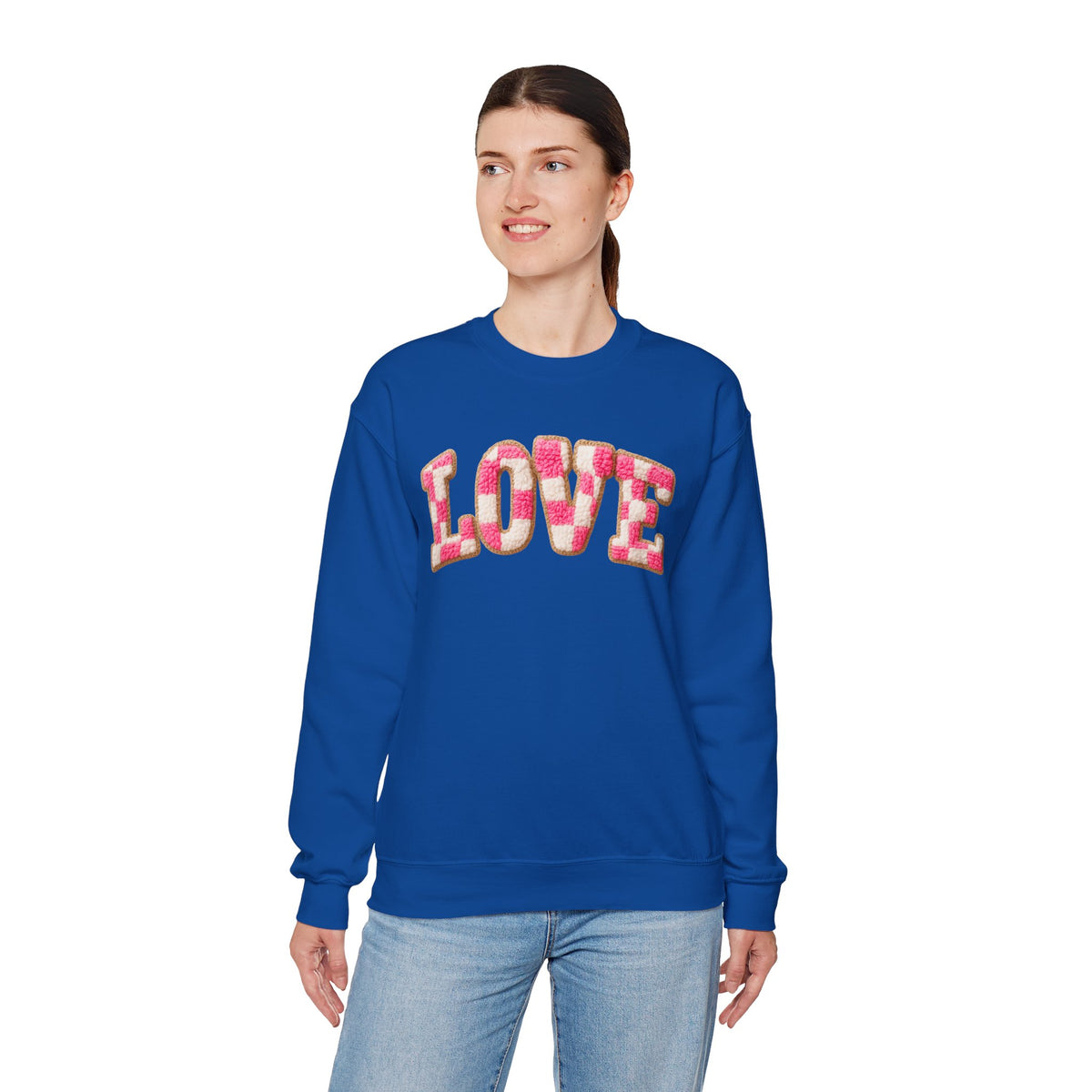 Faux Crochet Checkered LOVE – Gildan Heavy Blend | Trendy Women’s Soft Sweatshirt. Direct to Garment. Printed & Shipped in the USA. Unisex Sizes.