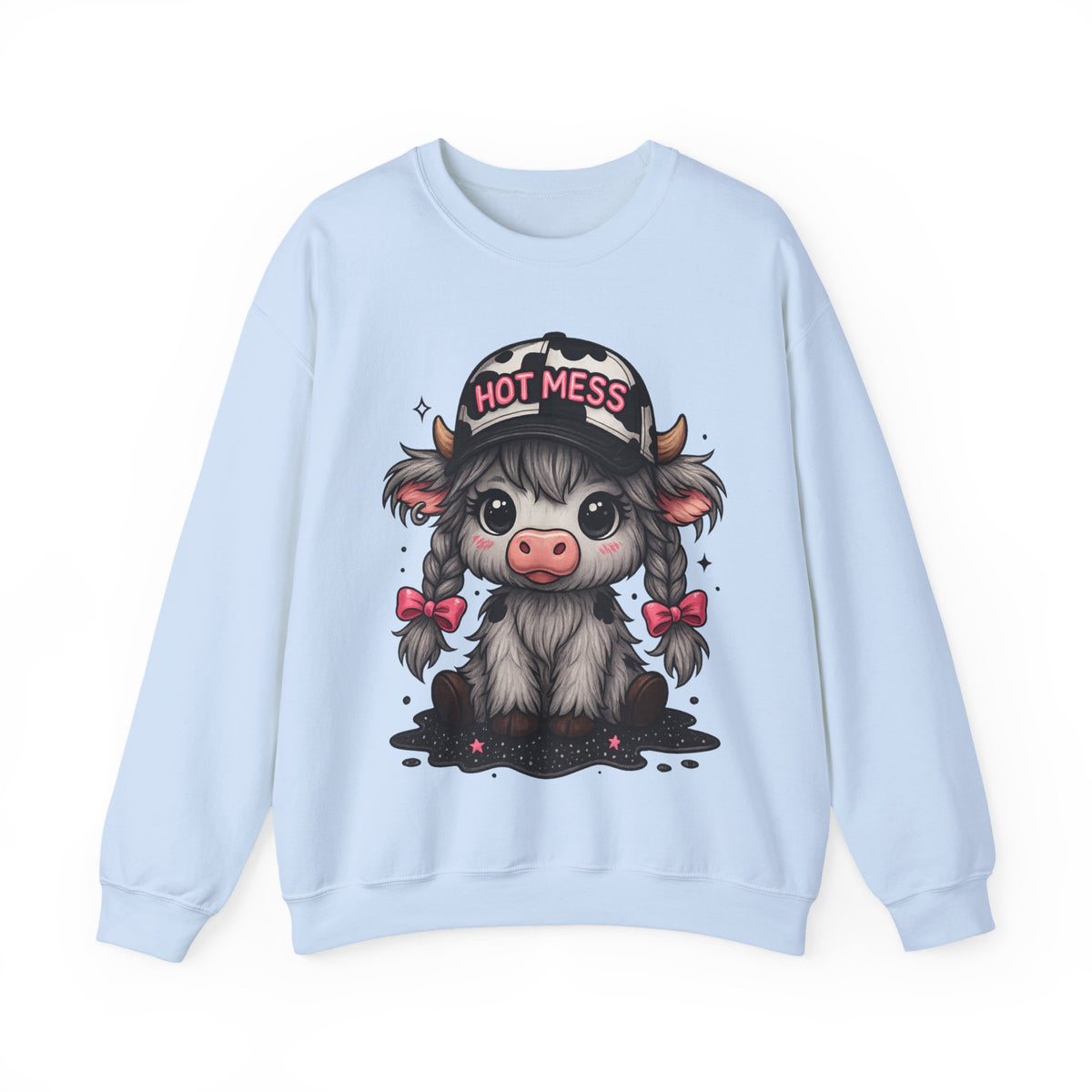 Cute Highland Cow 'Hot Mess' In Braids – Gildan Heavy Blend | Trendy Women’s Soft Sweatshirt. Direct to Garment. Printed & Shipped in the USA. Unisex Sizes.