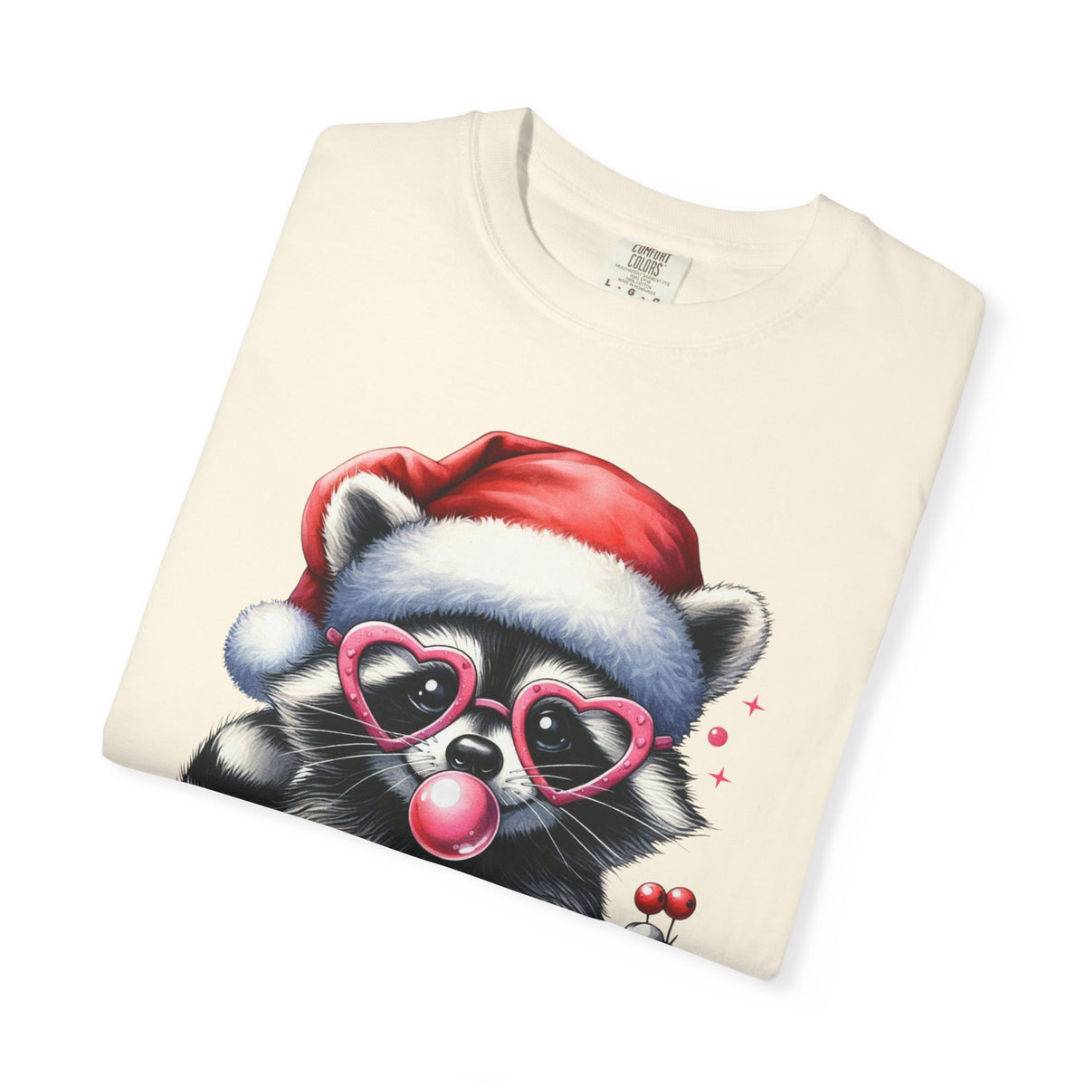 Merry Trashmas Bubblegum Raccoon w/Santa Hat Christmas - Comfort Colors | Trendy Women's T-Shirt. Direct to Garment. Printed & Shipped in the USA. Unisex Sizes.