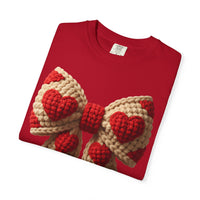 Faux Crochet Valentine Bow - Comfort Colors | Trendy Women's T-Shirt. Direct to Garment. Printed & Shipped in the USA. Unisex Sizes.