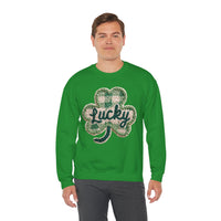 Lucky Shamrock Faux Knit – Gildan Heavy Blend | Trendy Men's and Women’s Soft Sweatshirt. Direct to Garment. Printed & Shipped in the USA. Unisex Sizes.