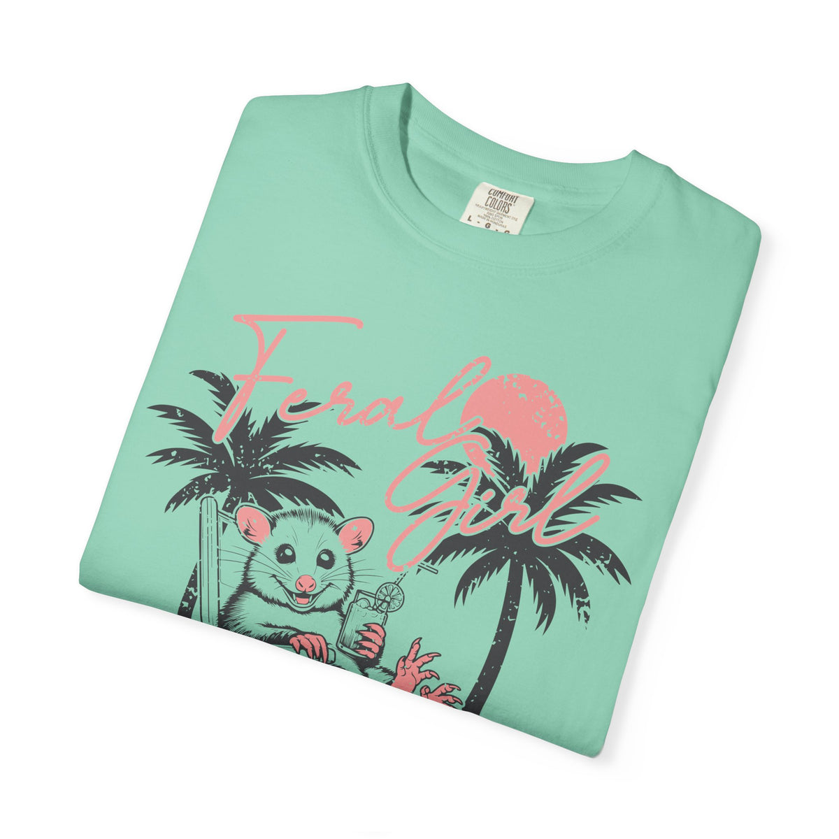 Feral Girl Summer, Possum on a Beach - Comfort Colors | Trendy Women's T-Shirt. Direct to Garment. Printed & Shipped in the USA. Unisex Sizes.