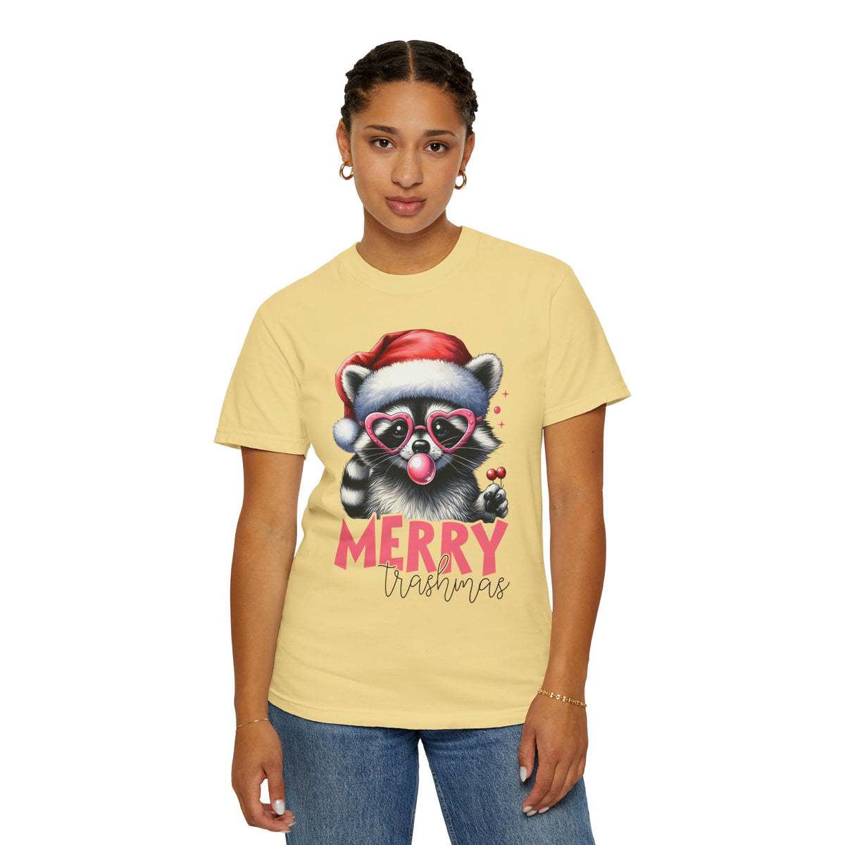 Merry Trashmas Bubblegum Raccoon w/Santa Hat Christmas - Comfort Colors | Trendy Women's T-Shirt. Direct to Garment. Printed & Shipped in the USA. Unisex Sizes.