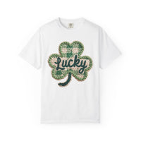 Lucky Shamrock Faux Knit - Comfort Colors | Trendy Men's and Women's T-Shirt. Direct to Garment. Printed & Shipped in the USA. Unisex Sizes.
